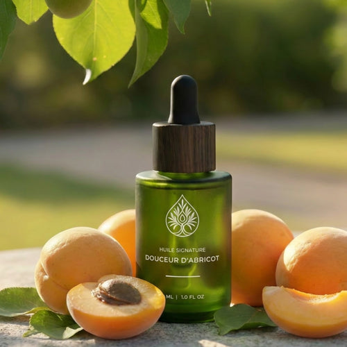 L'Arbre de paix Douceur d'Abricot signature oil in a green glass dropper bottle surrounded by fresh apricots