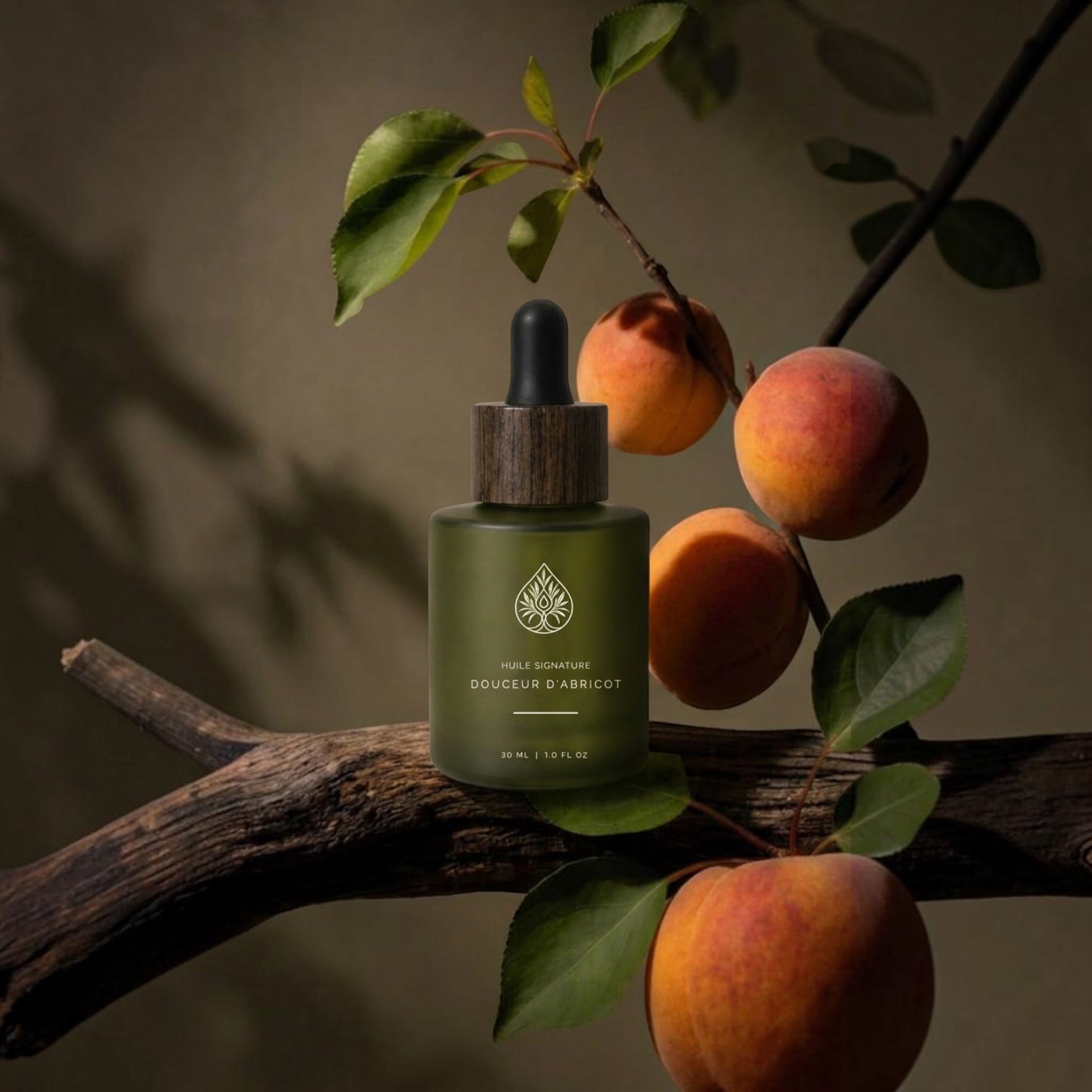 L'Arbre de paix Douceur d'Abricot signature oil in a frosted green glass bottle with a wooden dropper cap on a branch