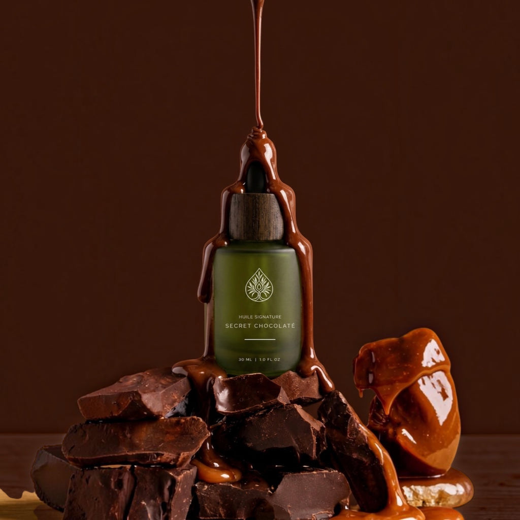 Huile signature Secret Chocolaté L'Arbre de paix dans un flacon en verre dépoli recouvert de chocolat fondu et caramel