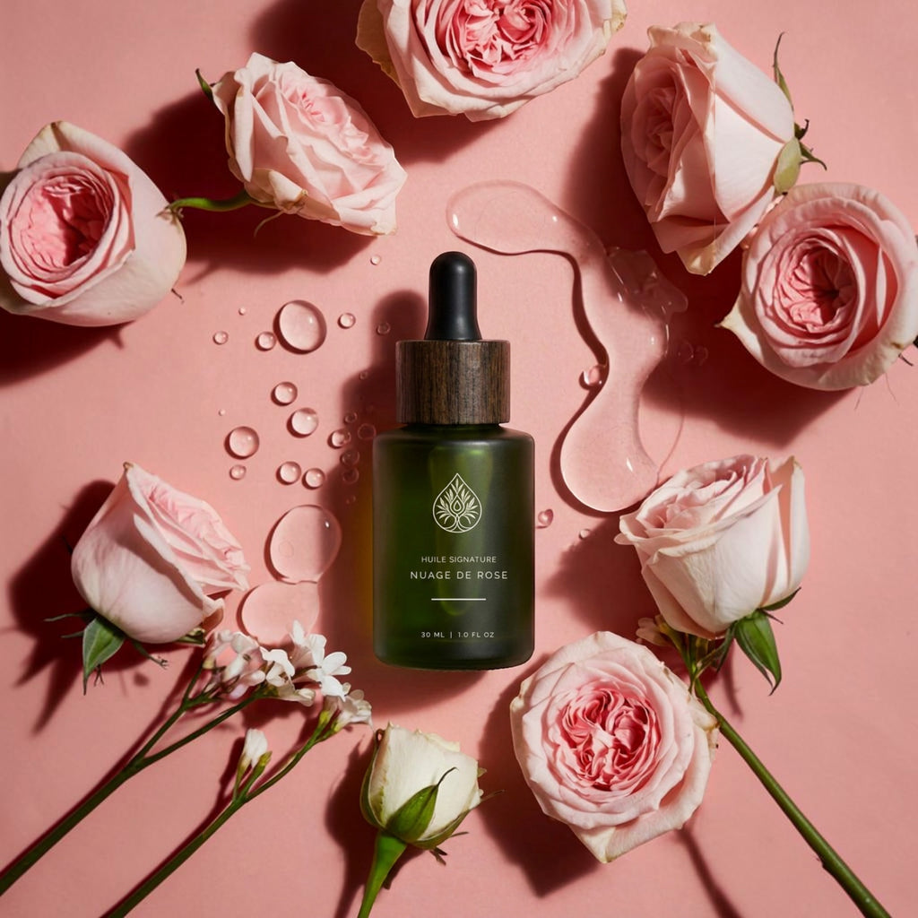 L'Arbre de paix Huile signature Nuage de Rose in a green glass dropper bottle surrounded by fresh pink roses.