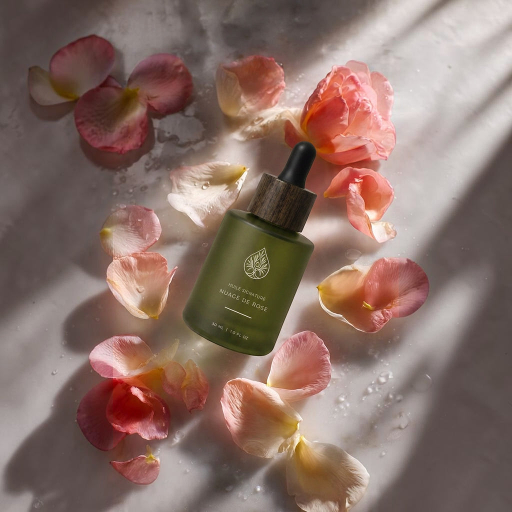 L'Arbre de paix Nuage de Rose signature oil in a green frosted glass bottle with a wooden dropper, surrounded by petals
