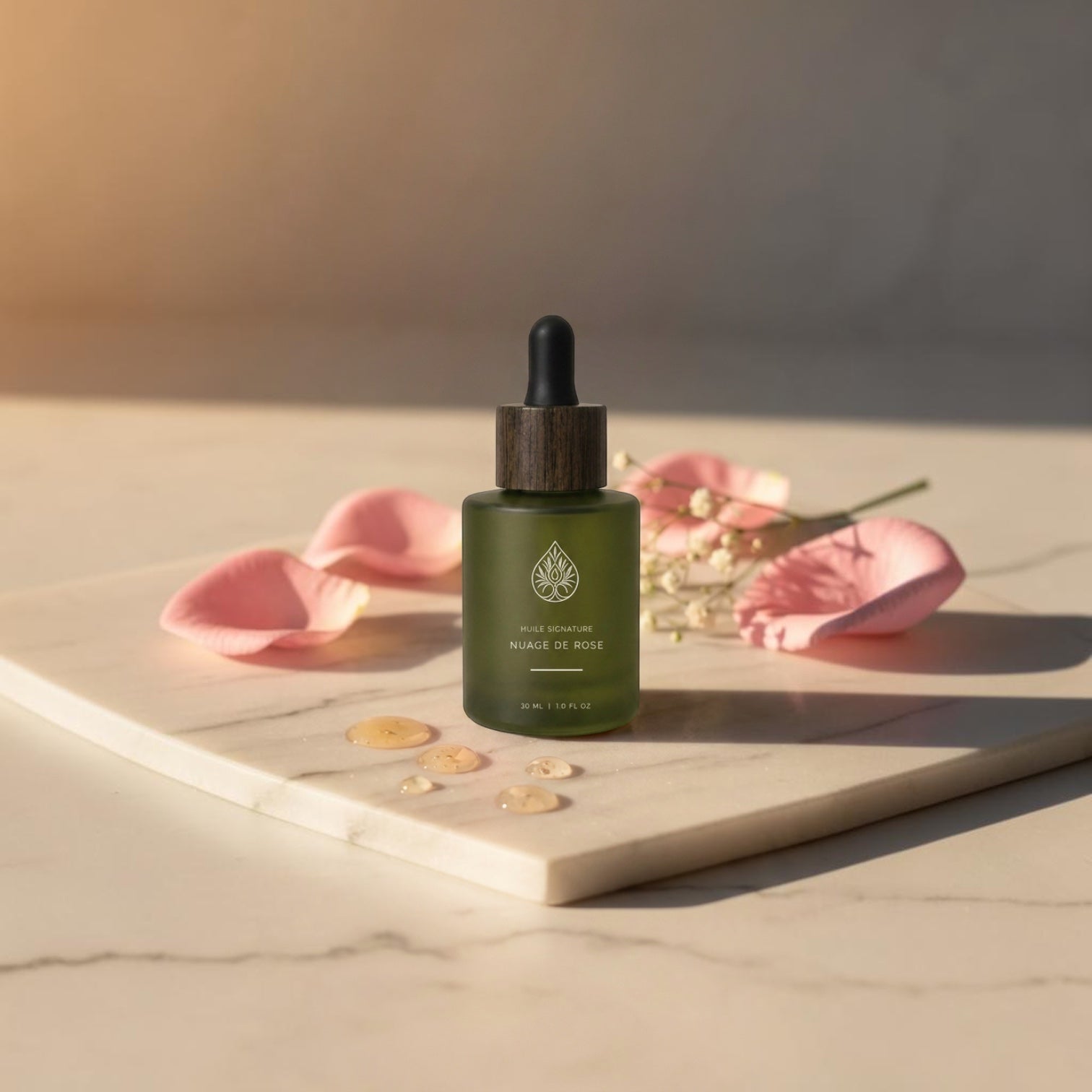 L'Arbre de paix Nuage de Rose signature oil in a frosted green glass dropper bottle with pink rose petals on marble