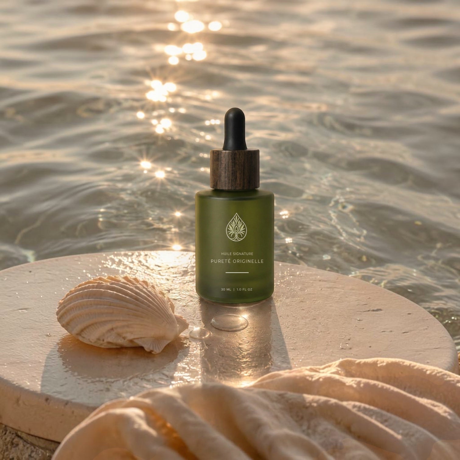 L'Arbre de paix Pureté Originelle signature oil in a green glass dropper bottle on a stone by the water at sunset.