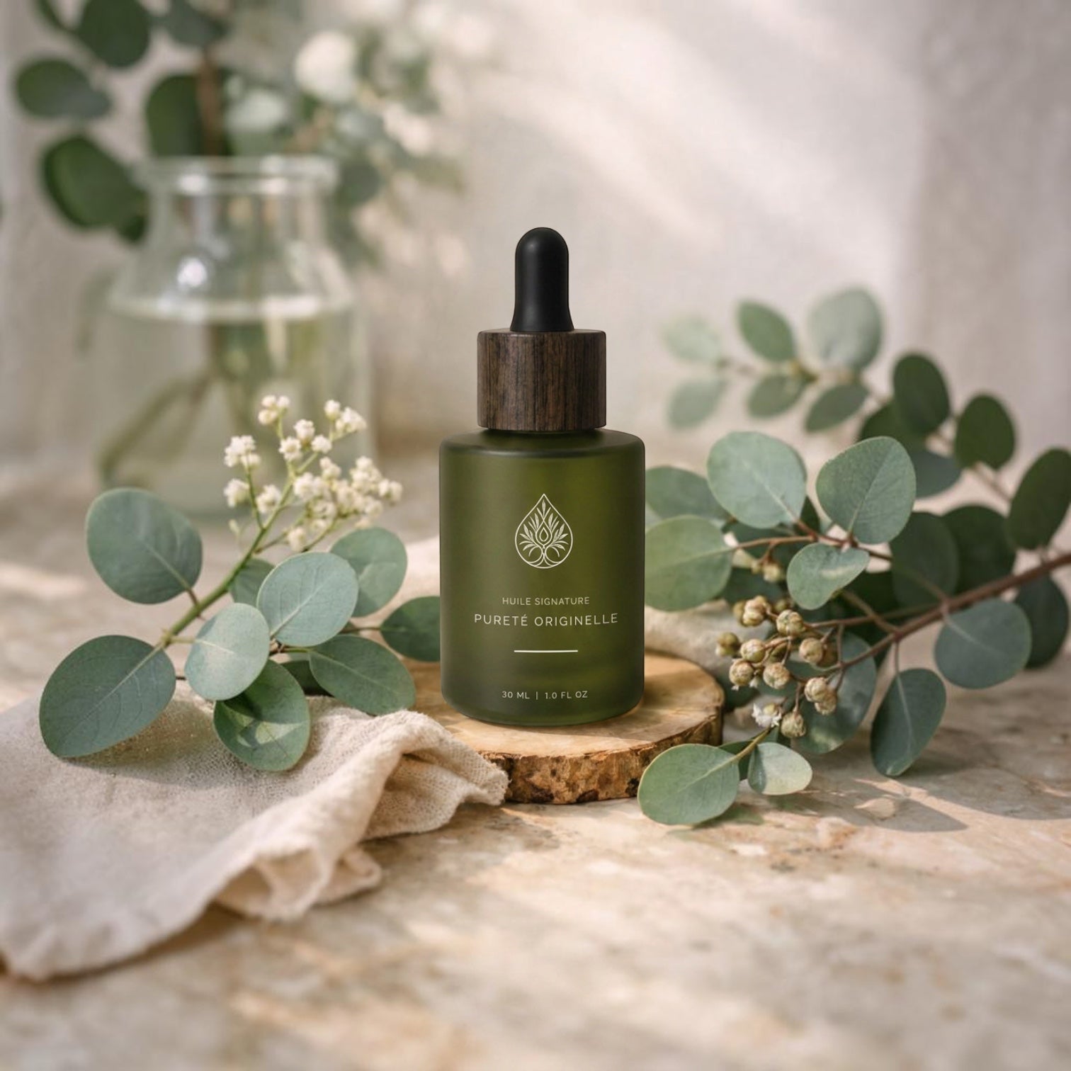 L'Arbre de paix Pureté Originelle fragrance-free signature oil in a frosted green glass bottle with a wooden dropper.